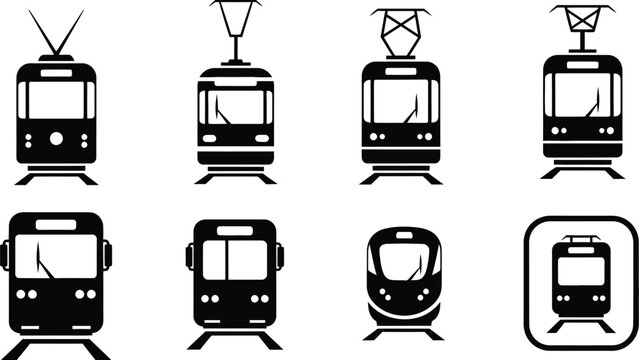 Collection of urban electric trams and trolleybuses in black silhouette
