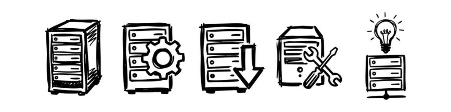 Hand-drawn server icon set in a sketchy doodle style. Includes data storage, configuration, download, technical maintenance, and innovative hosting ideas. Ideal for IT and web technology themes.