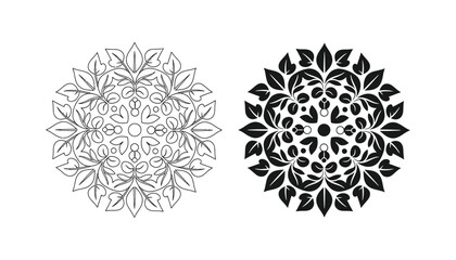 Circular floral mandala pattern vector design featuring repeating leaf and berry motifs in both black and white outline and solid black silhouette styles © Pixel
