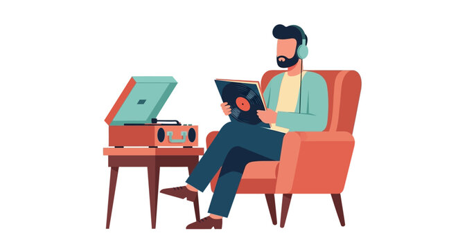 Man Relaxing in Armchair Listening to Music with Retro Vinyl Record Player and Headphones Flat Vector Illustration