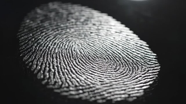 This video shows a detailed view of a fingerprint on a dark background. The unique patterns and ridges of the fingerprint are clearly visible, making it a useful visual aid for forensic science