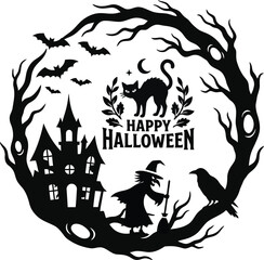 Fototapeta premium Halloween wreath with haunted house witch and cat silhouette
