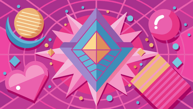 Abstract geometric composition with pink and purple hues stars moon heart shapes abstract geometric composition triangle illustration colorful whimsical creative background arrangement