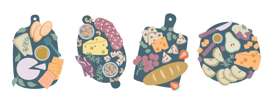 Charcuterie boards assortment vector illustration with cheese board hors d oeuvres wine pairing charcuterie appetizer delicacy gathering gourmet food appetizers antipasto culinary delicious