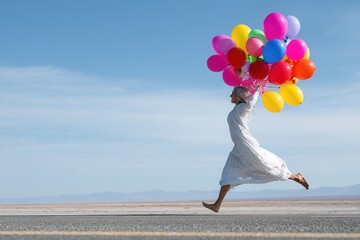 Obraz premium Energetic woman in flowing white dress leaps barefoot down asphalt road, clutching vibrant balloons against vast desert backdrop under clear blue sky.