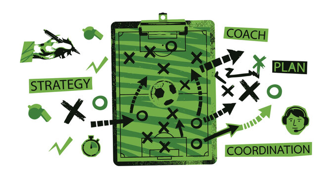 Soccer strategy clipboard illustration, football game plan with tactical arrows and icons, green sports coordination and coaching vector