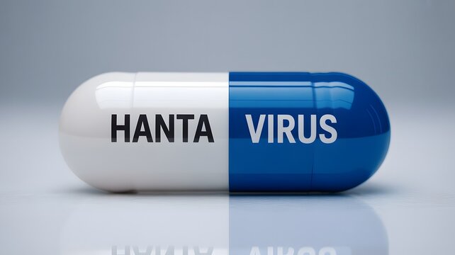 A close-up photo of a large blue and white capsule labeled Hanta Virus on a reflective surface