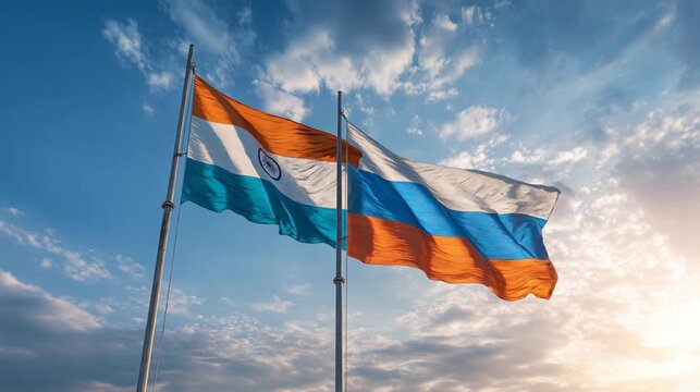 russian flag waving next to indian flag in blue sky. relations russia india