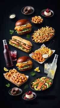 Seafood Fast Casual. Assorted gourmet fast food spread featuring burgers, seafood, fries, salads, and desserts arranged on a dark background with garnishes and beverages