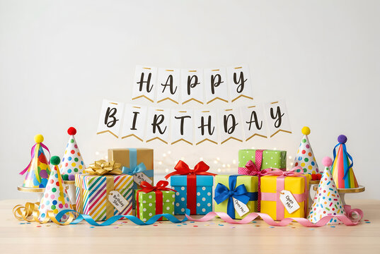 Array of colorful birthday gifts, party hats, and happy birthday banner. Festive celebration decor with vibrant presentation.