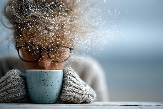 Woman with curly hair & glasses, in knitted mittens, inhaling from speckled blue mug. Snowflakes float near her head against blurred winter bg. Adult female. Cozy, contemplative mood. Soft, diff