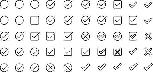 Check mark icons set with tick boxes circles and cross symbols, clean outline style ui elements vector interface collection © allustra