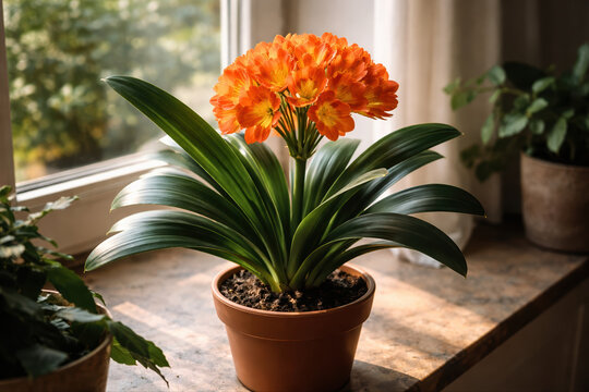 Vibrant orange flowering clivia plant in terracotta pot on sunny windowsill with green strap-like leaves and natural light streaming through window.