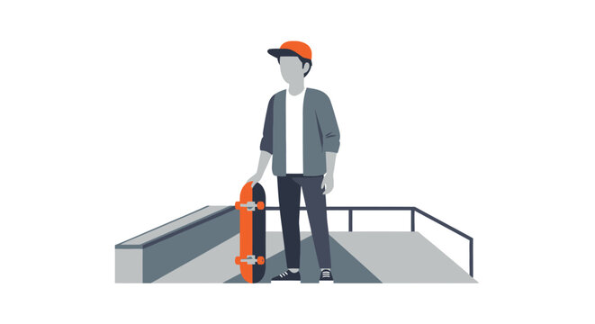 Modern Flat Vector Illustration of a Young Male Skateboarder Standing with his Board at a Skatepark, Urban Youth Lifestyle Concept