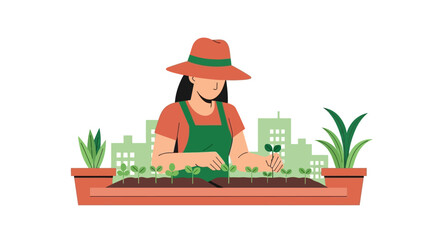 Obraz premium Urban Gardening Concept: Flat Vector Illustration of a Woman Planting Seedlings in a Planter Box with City Buildings. Eco-friendly Sustainability and Urban Farming Illustration.
