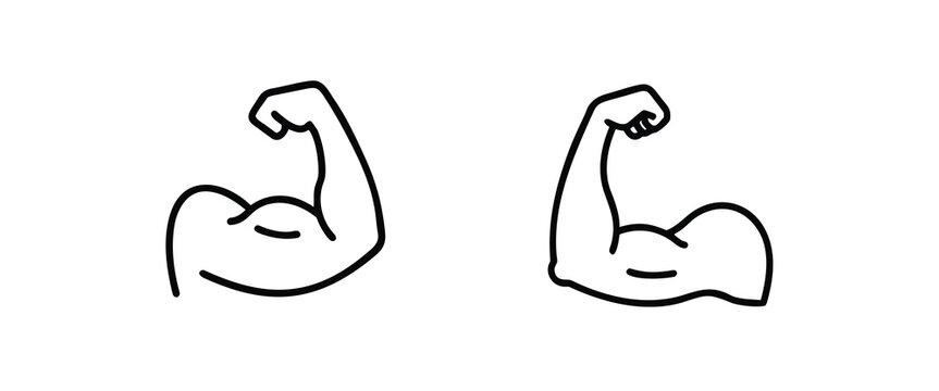 Bodybuilding and muscle outline icons set strong arm bicep flex power strength fitness gym workout & more vector illustration with editable stroke.