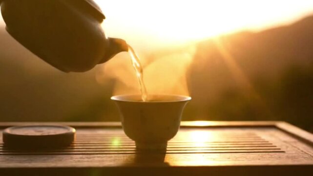 Slow motion close up of pouring hot green tea into small ceramic cup at golden hour sunrise with soft sunlight glowing in background during peaceful morning ritual.