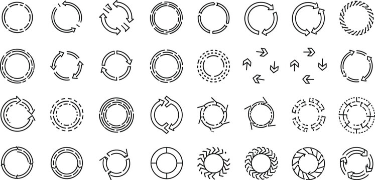 Circular arrow icons collection, refresh reload rotation cycle loop symbols, modern outline infographic elements vector set.