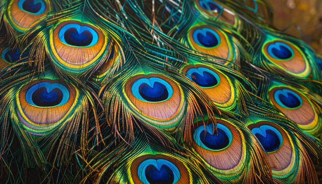 Close-up of colorful peacock feathers with eye patterns