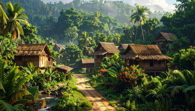 Traditional wooden huts tropical village