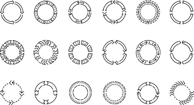 Circular arrow loop icons set, refresh reload rotation cycle process symbols, modern outline infographic and UI vector collection.