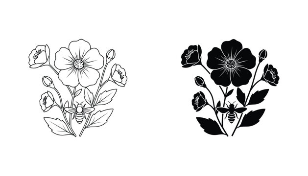 Bumble bee and wildflower bouquet line art and silhouette set for nature design elements