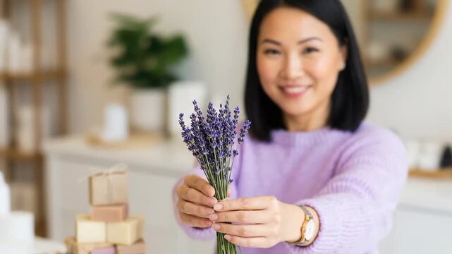 Asian woman with lavender and gift boxes in home workshop, natural skincare and aromatherapy gift preparation