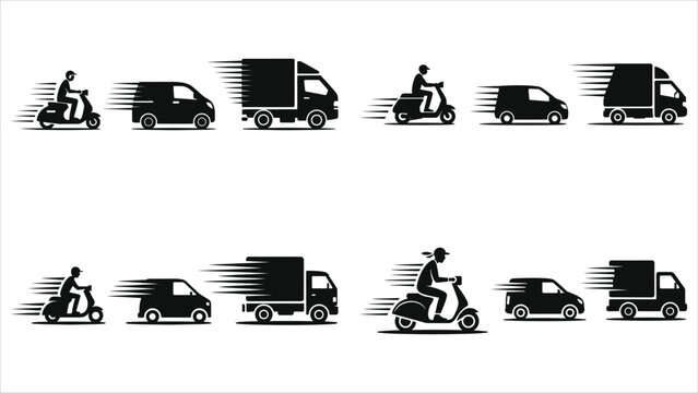 Fast Delivery Service Icons Set with Courier Scooter, Van, and Cargo Truck Silhouettes; Express Shipping Comparison for Logistics, E-commerce, Last Mile Distribution, and Transport Speed Concept