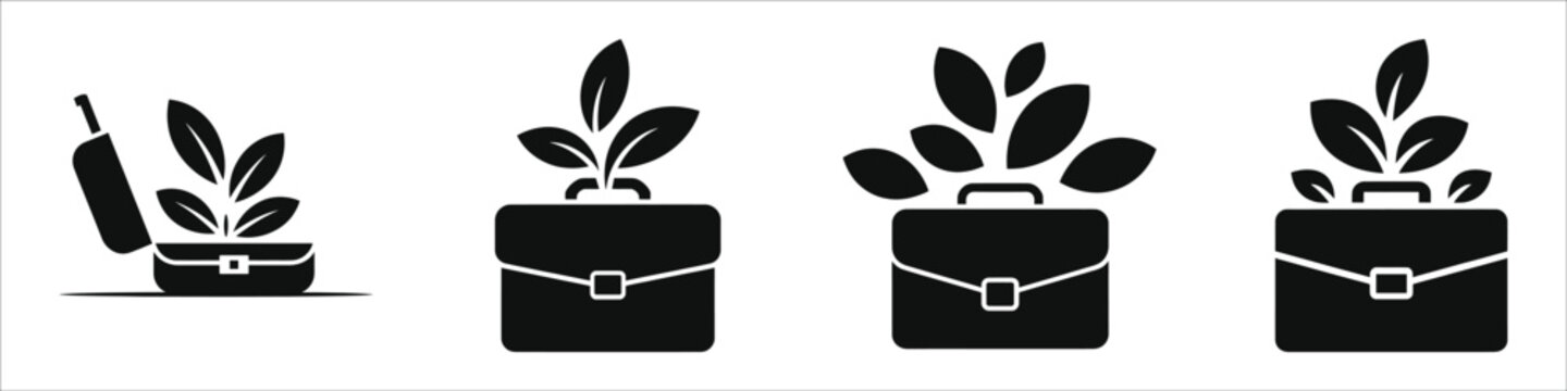 Eco Friendly Business Growth Icon Set, Sustainable Green Corporate Investment Solutions, Professional Briefcase with Sprouting Leaves Silhouette, Environmental Social Governance ESG Concept Vector