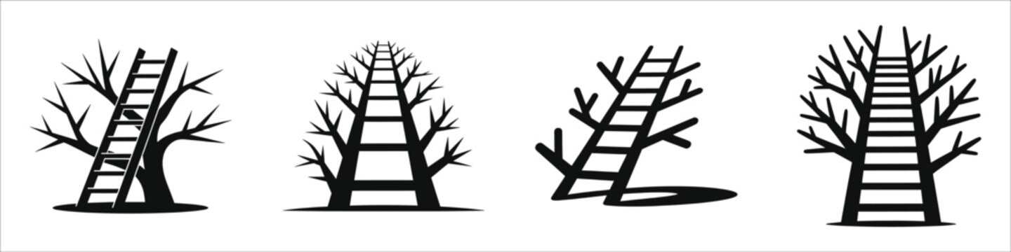 Corporate Ladder Tree Concept Icons: Vector Silhouettes of Ladders Growing from Branches Representing Business Growth, Career Path, Professional Success, Strategic Development, and Natural Progress.