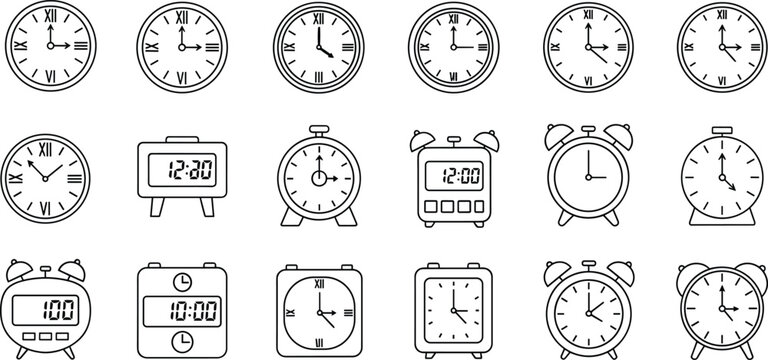 Clock and Alarm Time Icons Set, Analog and Digital Watch Symbols Collection, Timer Schedule Outline Vector for Web, App and Interface Design
