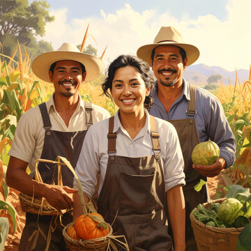 Happy farmers harvesting fresh crops.