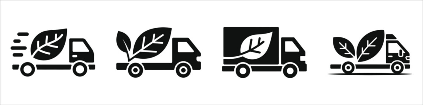 Eco Friendly Delivery Truck Icon Set Minimalist Green Logistics Vector Silhouettes Sustainable Transportation Symbols for Environmental Shipping Carbon Neutral Freight and Bio Fuel Supply Chain