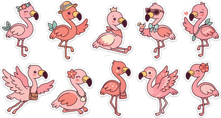 Cute flamingo stickers set with cartoon birds wearing accessories including sunglasses hats and jewelry for summer design. © Zahangir