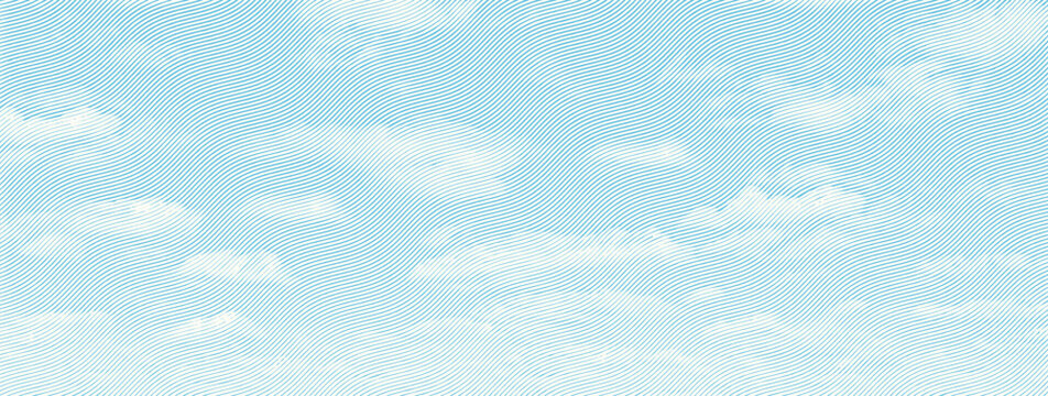 Abstract vector wavy engraving light blue clouds. Woodcut texture on white. Sky with pattern curved hatching line art.
