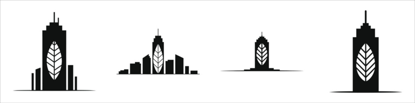 Eco Friendly Sustainable City Concept with Negative Space Leaf Inside Skyscraper Silhouettes, Green Building and Clean Energy Urban Infrastructure Icons for Environmentally Conscious Business Growth.