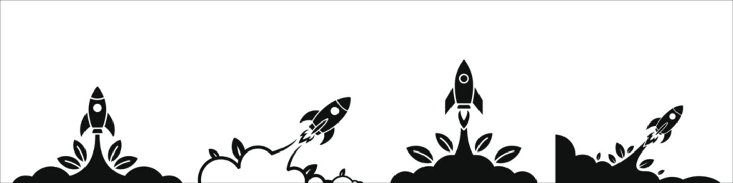 Eco Friendly Startup Growth Concept with Rocket Launching and Green Leaf Trail Vector Silhouette Set. Sustainable Business Development, Green Energy Innovation, and Environmentally Conscious Success.