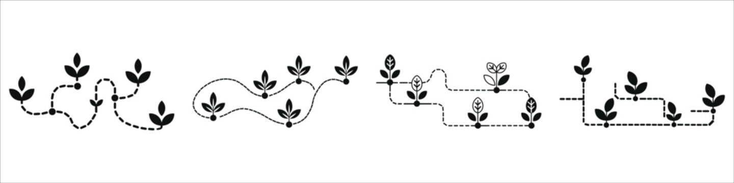Sustainable Route Map with Eco Checkpoints and Green Growth Milestones Silhouette Set; Minimalist Vector Path Icons Representing Environmental Progress, Nature Conservation, and Eco-Friendly Goals.