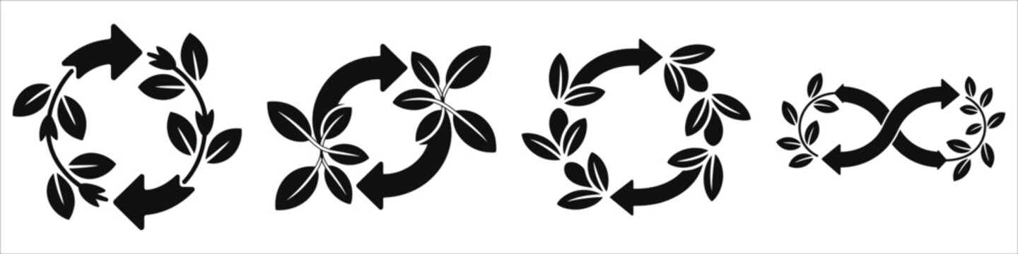 Eco-Friendly Circular Economy and Green Supply Chain Management Icon Set: Sustainable Business Growth, Recycling Symbols with Leaves, Nature-Based Infinity Loops, and Renewable Energy Vector Icons.