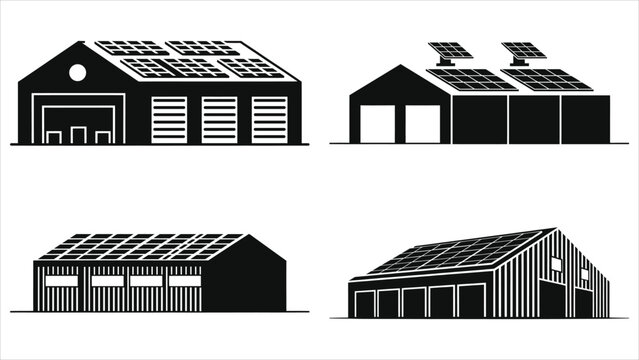 Minimalist Industrial Warehouse with Solar Panels Vector Icon Set, Sustainable Green Factory Buildings with Renewable Energy Photovoltaic Systems, Eco Friendly Logistics Storage Facility Silhouettes