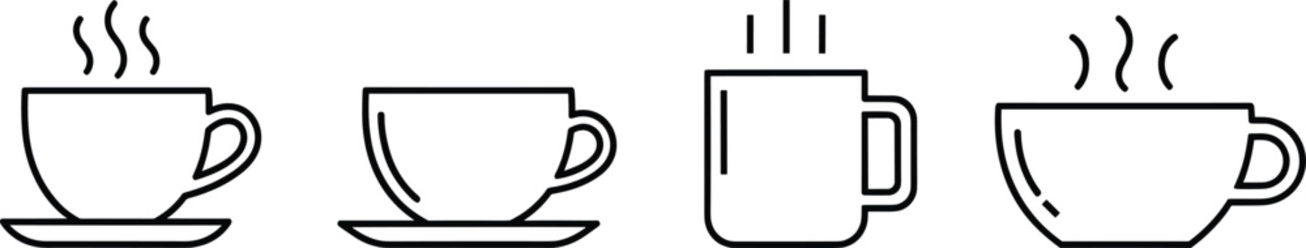 Coffee cup and mug outline icon set, hot beverage steaming cups collection, minimalist line art cafe symbols isolated, vector illustration