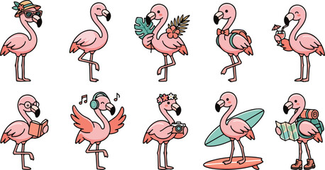 Set of travel themed flamingo illustrations featuring tourists with backpacks maps cameras and refreshing drink accessories. © Zahangir