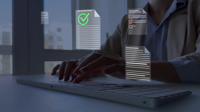 Digital validation, certification and feedback management for corporate workflow systems.Quality assurance and approval process concept with checklist, checkmark and business documents.	
