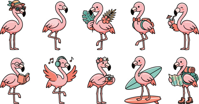 Set of travel themed flamingo illustrations featuring tourists with backpacks maps cameras and refreshing drink accessories.