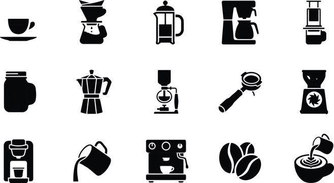 Coffee brewing equipment glyph icon set with espresso machine french press moka pot pour over dripper siphon portafilter and latte art barista vector signs.