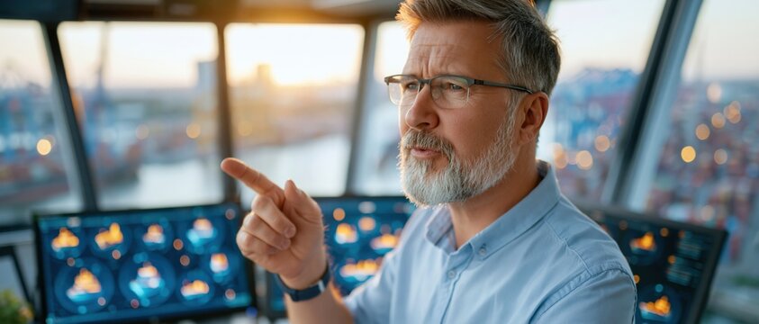 A focused and confident professional giving instructions in a high-tech control room environment, showcasing the expertise and leadership of a seasoned individual.