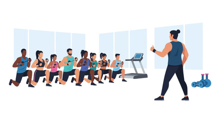 Fototapeta premium Group Fitness Class with Personal Trainer Leading Diverse People Doing Lunges Workout with Weights in Gym Flat Vector Illustration