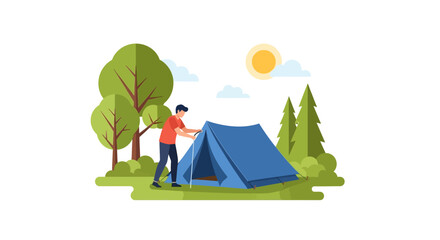 Obraz premium Man Pitching a Blue Tent in a Forest Flat Vector Illustration. Outdoor Camping Adventure and Summer Vacation Scene with Green Trees and Sun Isolated on White.