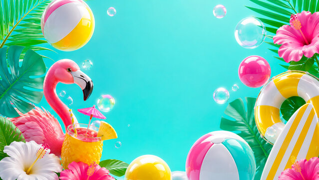 Colorful tropical summer pool scene with inflatable toys, flowers, bubbles and copy space.