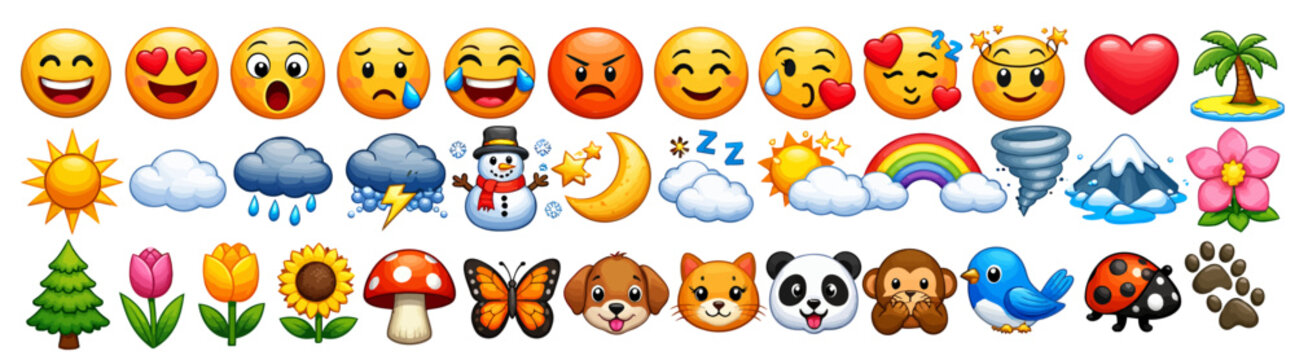 Colorful collection of various cute illustrated emojis weather symbols animals and nature icons arranged in a grid pattern for digital communication design on transparent background